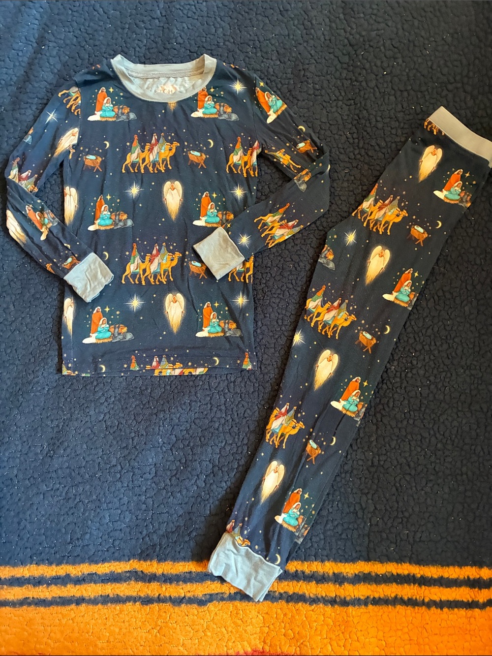 Fletch Kids Navy Holiday Camel Pajama Set with Light Gray Trim